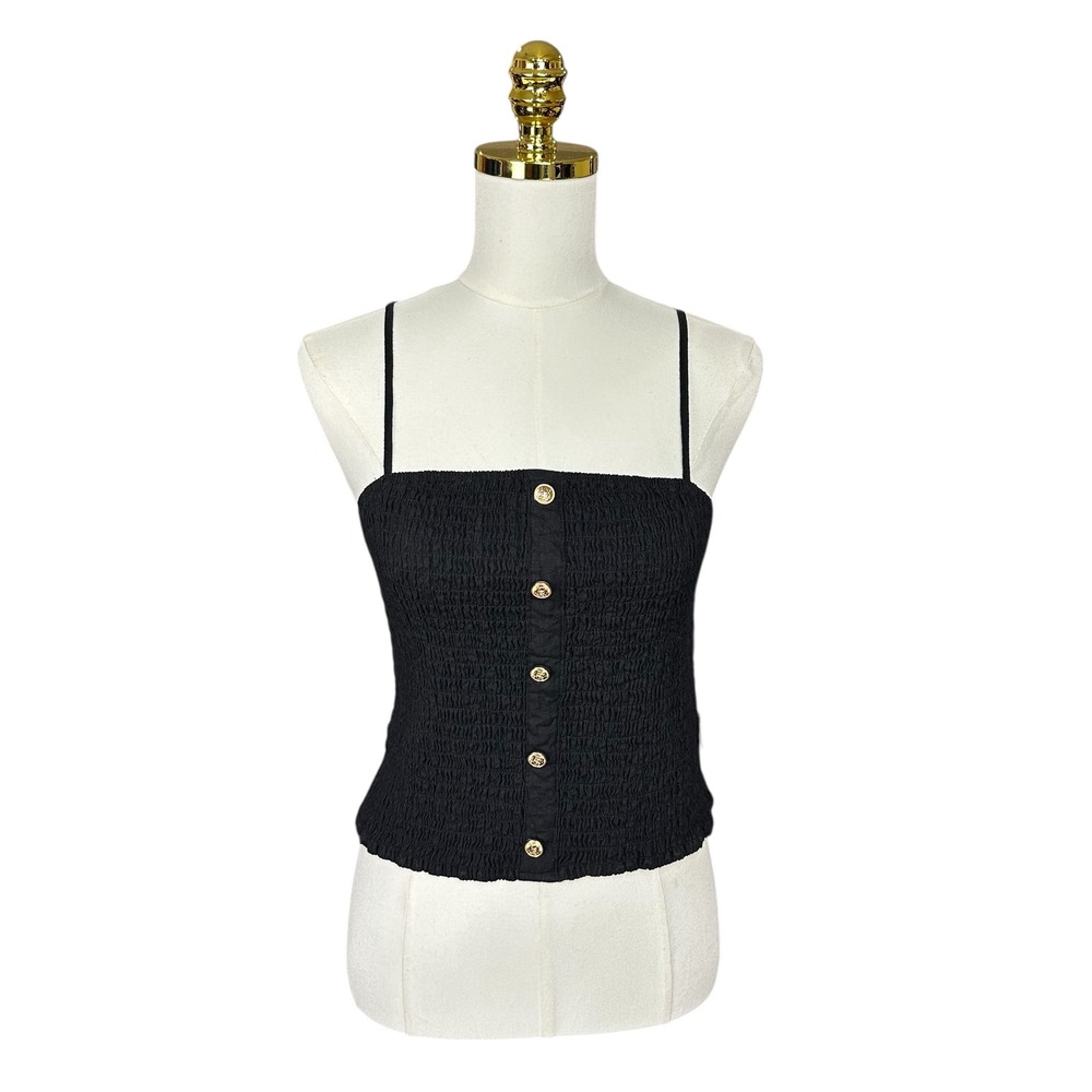 NWT Blanque Womens Black Smocked Cami Gold Button Front Adjustable Straps Size M